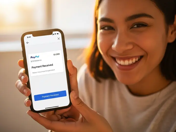 Person holding a phone showing an instant payment notification received
