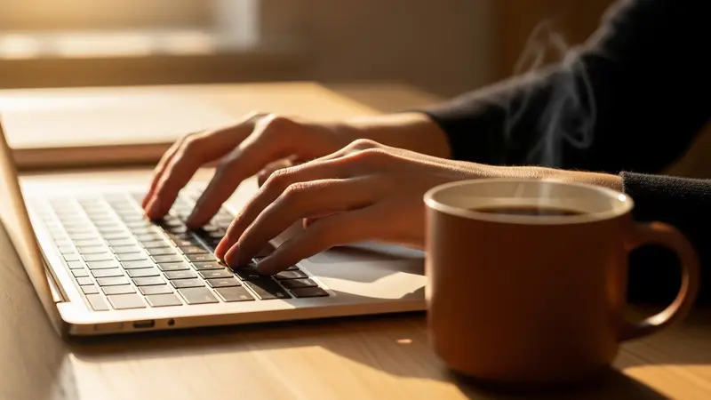 Hands typing on a laptop keyboard in a warm, cozy writing workspace