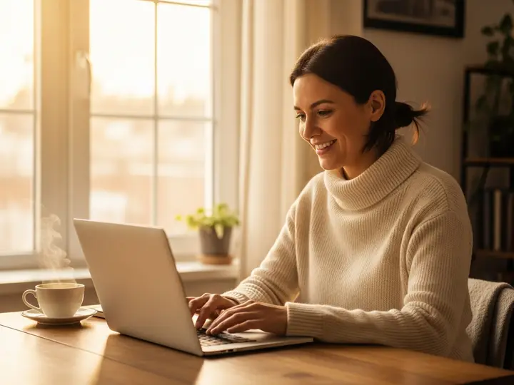 Smiling woman working from home on a laptop by a bright window — writing stories for income
