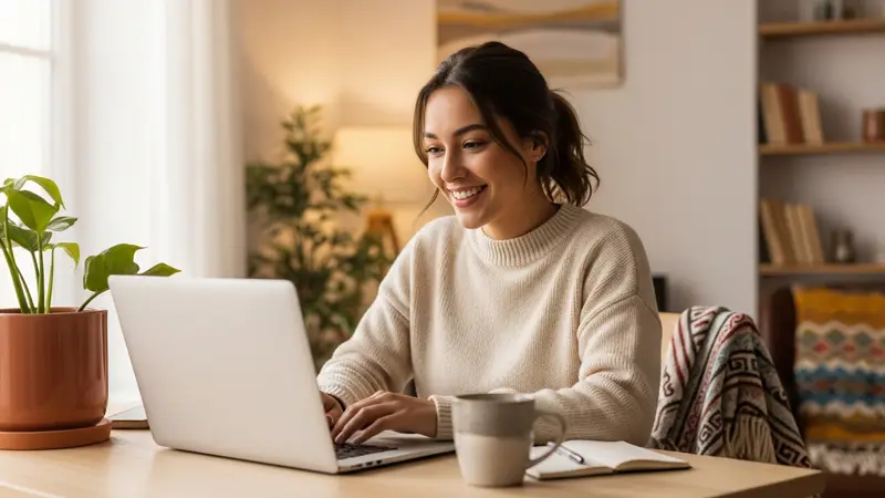 Woman smiling at her laptop, earning income by writing stories from home