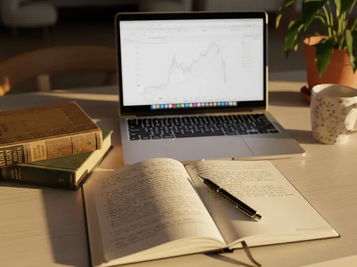 Open notebook and pen beside a laptop on a warm desk — a writer's creative workspace